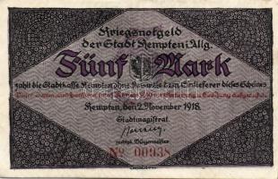 Német Birodalom/Weimari Köztársaság/Kempten 1918. 5M (2x) egymásutáni sorszámmal T:II