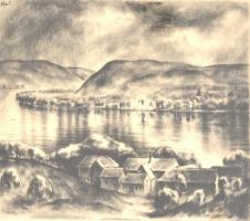 Kiss Terézia (1928- ): Folyókanyar. Rézkarc, papír, jelzett, üvegezett keretben, kis gyűrődésekkel, 25x29 cm