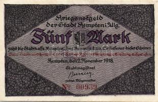 Német Birodalom/Weimari Köztársaság/Kempten 1918. 5M (2x) egymásutáni sorszámmal T:II