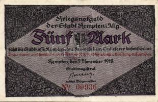 Német Birodalom/Császárság/ Kempten 1918. 5M(2x) egymásutáni sorszámmal T:II