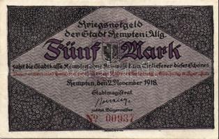 Német Birodalom/Császárság/ Kempten 1918. 5M(2x) egymásutáni sorszámmal T:II