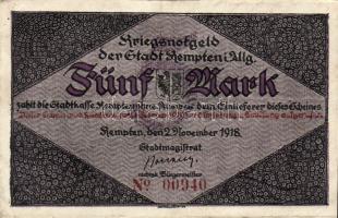 Német Birodalom/Weimari Köztársaság/Kempten 1918. 5M (2x) egymásutáni sorszámmal T:II