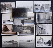 cca 1930 13 db főleg az 1930-1940-es években készült fotó, Budapesti életképekkel, épületekkel, emlékművekkel, hidakkal, utcaképekkel, fogaskerekűvel, közte 2 későbbi előhívással, 1 negatívval, 1 fotón az új Erzsébet híddal, 6x9 cm és 6x8 cm közötti méretben