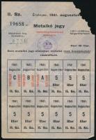 1941 Motalkó-jegy személygépjármű számára, 1941. aug., II. sz., 12 szelvény egy levélen, a szélén hiánnyal, de felhasználatlan.