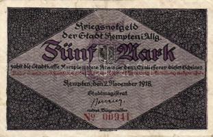 Német Birodalom/Weimari Köztársaság/Kempten 1918. 5M (2x) egymásutáni sorszámmal T:II