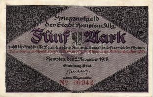 Német Birodalom/Császárság/ Kempten 1918. 5M(2x) egymásutáni sorszámmal T:II