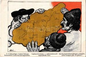 Lepényevő verseny a cseh-román-szerb imperialisták közt / A cake-eating contest between Romanian-Czech-Serbian imperialists. Hungarian irredenta art postcard s: Bér (EB)