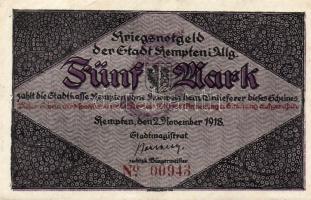 Német Birodalom/Császárság/ Kempten 1918. 5M(2x) egymásutáni sorszámmal T:II
