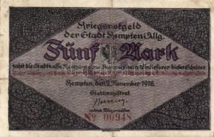 Német Birodalom/Császárság/ Kempten 1918. 5M(2x) egymásutáni sorszámmal T:II