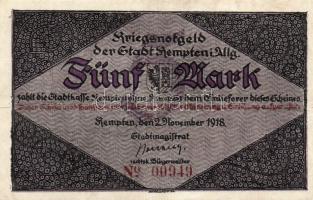 Német Birodalom/Császárság/ Kempten 1918. 5M(2x) egymásutáni sorszámmal T:II