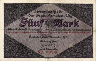 Német Birodalom/Császárság/Kempten 1918. 5M(2x) egymásutáni sorszámmal T:II