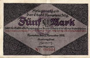 Német Birodalom/Császárság/ Kempten 1918. 5M(2x) egymásutáni sorszámmal T:II