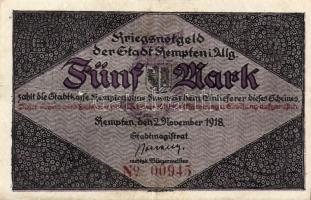 Német Birodalom/Császárság/ Kempten 1918. 5M(2x) egymásutáni sorszámmal T:II
