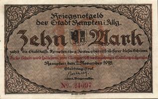 Német Birodalom/Császárság/ Kempten 1918. 10M(2x) egymásutáni sorszámmal T:II