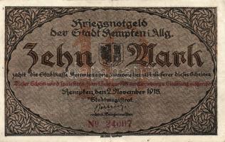 Német Birodalom/Császárság/ Kempten 1918. 10M (2x) egymásutáni sorszámmal T:II