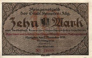 Német Birodalom/Császárság/ Kempten 1918. 10M (2x) egymásutáni sorszámmal T:II