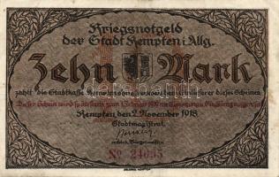 Német Birodalom/Császárság/ Kempten 1918. 10M (2x) egymásutáni sorszámmal T:II