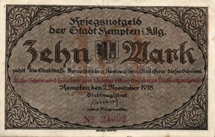 Német Birodalom/Császárság/ Kempten 1918. 10M(2x) egymásutáni sorszámmal T:II