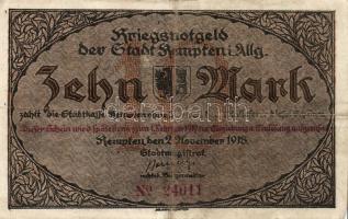 Német Birodalom/Weimari Köztársaság/Kempten 1918. 10M (2x) egyugrású sorszámmal T:II
