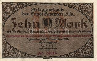 Német Birodalom/Weimari Köztársaság/Kempten 1918. 10M (2x) egyugrású sorszámmal T:II