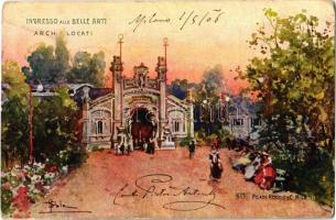 1906 Milano, Esposizione internazionale di Milano, Ingresso alle Belle Arti, Arch Locati / Milan International Exposition, world's fair advertising art postcard. artist signed (worn corners)