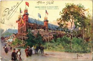 1906 Milano, Esposizione internazionale di Milano, Stazione d'Arrivo in Piazza d'Armi ing. Bianchi, Magnani & Rondoni / Milan International Exposition, world's fair advertising art postcard. artist signed (EK)