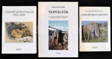 Vegyes könyvtétel, 3 db:  Nemeskéri-Kiss Géza: A Felső-Nílus mentén. Bp., 1998., Terraprint. Kiadói papírkötés.; Major Richárd: Vadváltók. Egy magyar természetjáró-vadász British Columbia vadonában. Bp., 2000., Püski. Kiadói egészvászon-kötés, kiadói papír védőborítóban.; Vadászkönyvklub. 1993-1999. Szerk.: Tálosi István. Bp., 1999., Terraprint. Kiadói kartonált papírkötés.