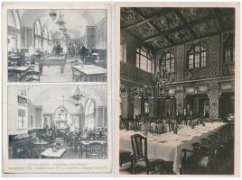 4 db RÉGI magyar képeslap éttermekkel: Budapest (Hauer Rezső cukrászda, Valéria Kávéház, Trombitás vendéglő) és Lillafüred / 4 pre-1945 Hungarian postcards with restaurants