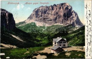 1904 Passo Gardena, Grödnerjoch (Dolomiti, Dolomites); Hospiz gegen Langkofel / mountains, tourist hotel, chalet