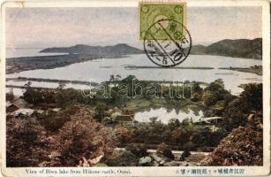 Hikone, view of Biwa lake from Hikone Castle. TCV card (glue mark)