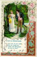 Tief im Böhmerwald / Romantic couple strolling in the forest. Art Nouveau, floral, Emb. litho