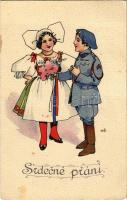 1920 Srdecné prání / Czech greeting art postcard, soldier with flowers. F.J.P. 6. s: K. S. (EK)