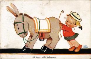 1928 Ich kann nicht loskommen / Children art postcard, girl with donkey. Wohlgemuth & Lissner Kunstverlagsgesellschaft No. 2511. s: Mabel Lucie Attwell (glue marks)