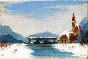 1935 Kézzel festett téli tájkép karácsonyi üdvözlőlapon / Hand-painted winter landcape, Christmas greeting card