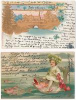 17 db RÉGI üdvözlő motívum képeslap vegyes minőségben: dombornyomott, litho, textil / 17 pre-1945 greeting motive postcards in mixed quality: embossed, litho, textile
