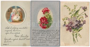 17 db RÉGI üdvözlő motívum képeslap vegyes minőségben: dombornyomott, litho, textil / 17 pre-1945 gr...