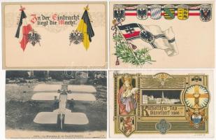 13 db RÉGI motívum képeslap vegyes minőségben: zászló, címer, térkép, népviselet / 13 pre-1945 motive postcards in mixed quality: flag, coat of arms, map, folklore