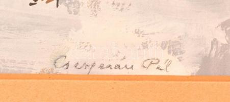 Csergezán jelzéssel: Fiatalok a havas parkban (vázlat). Tempera, papír, 20×28 cm