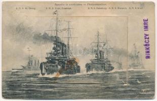 1907 Flottenmanöver: SMS St. Georg, SMS Erzh. Friedrich, SMS Habsburg, SMS Monarch, SMS Wien. K.u.K. Kriegsmarine / Austro-Hungarian Navy battleships. leporellocard (Rb)