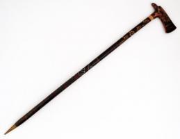 Nagy bolha- és kerámia tétel: Faragott fa, sas fejjel díszített sétapáca szláv felirattal, h: 92 cm....