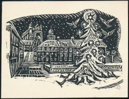 SD jelzéssel: Havas tér karácsonyfával. Linómetszet, papír, 11×14 cm
