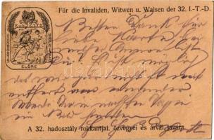 1917 Előre! A 32. hadosztály rokkantjai, özvegyei és árvái javára / Für die Invaliden, Witwen u. Waisen der K.u.K. 32. I.T.D. / WWI Austro-Hungarian military charity postcard (EK)