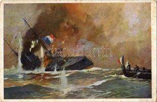 1916 Sinken des von den Dardanellenforts beschossenen französischen Panzerkreuzers Bouvet. K.u.K. Kriegsmarine / WWI Austro-Hungarian Navy art postcard, Battle of Gallipolli, sinking French armored cruiser Bouvet. Offizielle postkarte des Österreichischen Flottenvereines zu Gunsten des Kriegsfürsorgeamtes, des Kriegshilfsbüro und des Roten Kreuzes s: Harry Heusser + K.u.K. Etappenpostamt 142. (EK)