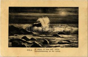 1918 Pola, Pula; Al chiaro di luna sull' Adria / Abendstimmung an der Adria + "K.u.K. Marinefeldpostamt"