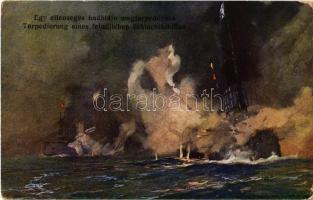 1918 Egy ellenséges hadihajó megtorpedózása / Torpedierung eines feindlichen Schlachtschiffes. K.u.K. Kriegsmarine / WWI Austro-Hungarian Navy, sinking an enemy battleship s: Harry Heusser (EK)