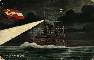 SMS Habsburg osztrák-magyar Habsburg-osztályú pre-dreadnought csatahajója este / K.u.K. Kriegsmarine / Austro-Hungarian Navy SMS Habsburg at night, navy flag. G. Fano No. 24. (lyuk / hole)