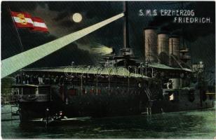 SM Schiff Erzherzog Friedrich K.u.K. Kriegsmarine Linienschiffe / SMS Erzherzog Friedrich az Osztrák-Magyar Haditengerészet pre-dreadnought csatahajója / Austro-Hungarian Navy pre-dreadnought battleship at night, naval flag, mariners. C. Fano, Pola No. 65.