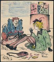 Palló Iván (?-?). Pesti utcán (erotikus karikatúra). Vegyes technika, papír, hátoldalán feliratozott és datált (1947), 15x12,5 cm