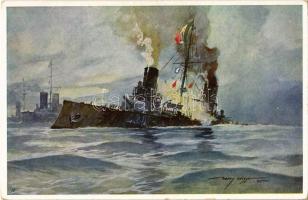 Torpedierung des ital. Panzerkreuzers Giuseppe Garibaldi. K.u.K. Kriegsmarine / WWI Austro-Hungarian Navy, Italian Armored cruiser. Offizielle Karte für Rotes Kreuz, Kriegsfürsorgeamt, Kriegshilfsbureau. Österreichischen Flottenverein s: Harry Heusser