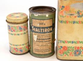 Régi fém dobozok az egyik Maltiron gyógytápszeres, 3 db, különböző méretekben, 11,5x7 cm-től 19x10 c...